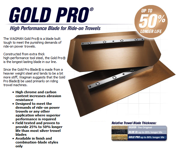 Gold Pro high performance blades for ride on trowels available from DY Concrete Pumps