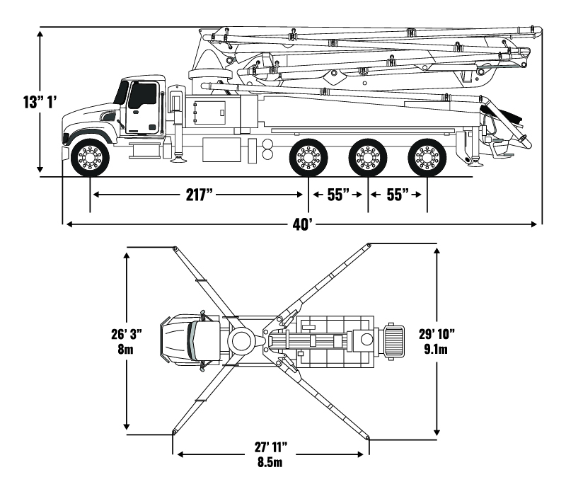 43 meter concrete boom pump measurements
